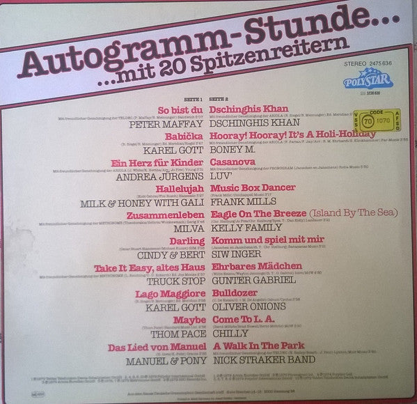 Various - Autogramm-Stunde Mit 20 Spitzenreitern (LP) 50395 Vinyl LP Vinyl Goed / Hoes Goed