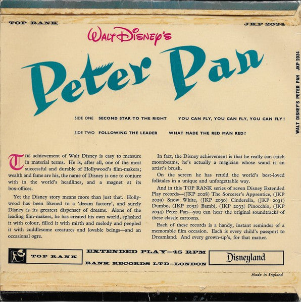Various - Walt Disney's Peter Pan (Music From The Original Motion Picture Sound Track) 41347 Vinyl Singles EP Vinyl Goed / Hoes Goed