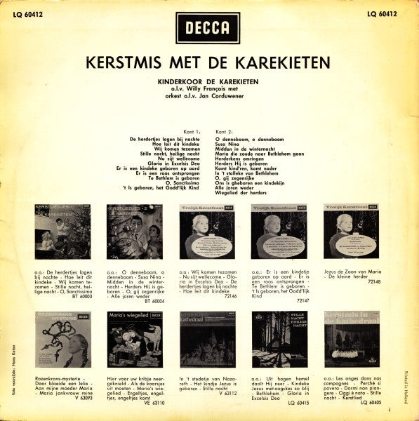 Kinderkoor De Karekieten - Kerstliedjes (10") Vinyl LP 10" Vinyl Goed / Hoes Goed