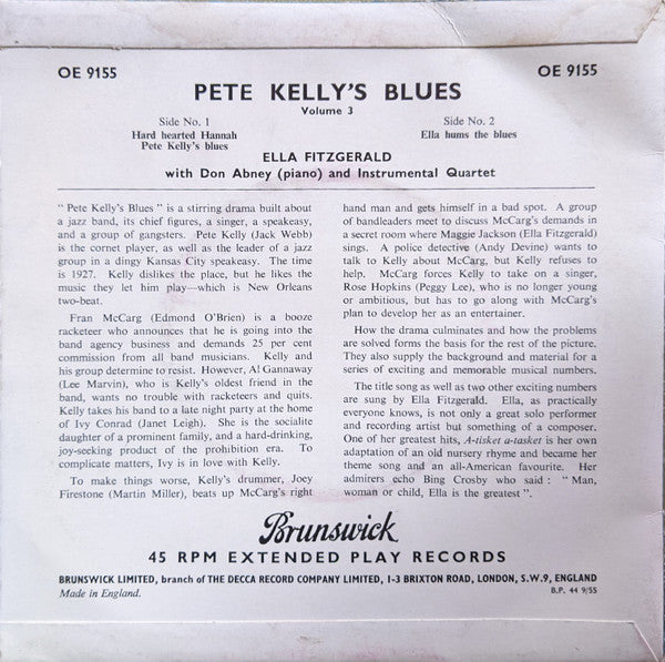 Ella Fitzgerald - Songs From The Warner Bros. Film Pete Kelly's Blues (Volume *) Vinyl Singles EP Vinyl Zeer Goed / Hoesje Goed "VINYLSINGLES.NL"