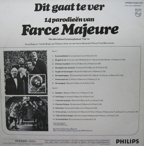 Farce Majeure - Dit Gaat Te Ver - ** Parodieën Van Farce Majeure (LP) Vinyl LP Vinyl Zeer Goed / Hoesje Goed "VINYLSINGLES.NL"