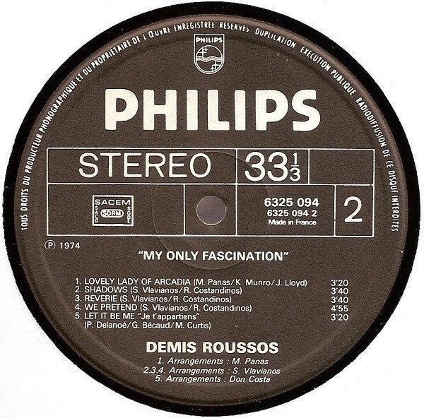 Demis Roussos - My Only Fascination (LP) Vinyl LP Vinyl Zeer Goed / Hoesje Goed "VINYLSINGLES.NL"