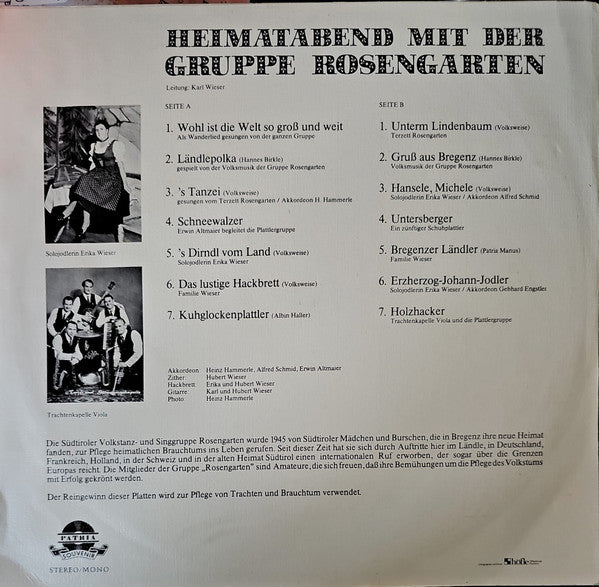 Volkstanz- und Singgruppe Rosengarten - Heimatabend Mit Der Gruppe Rosengarten (LP) 51103 Vinyl LP Vinyl Goed / Hoes Goed