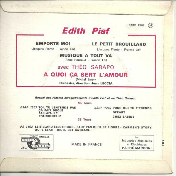 Edith Piaf Avec Théo Sarapo - A Quoi Ça Sert L'amour 32173 Vinyl Singles EP Vinyl Goed / Hoes Goed