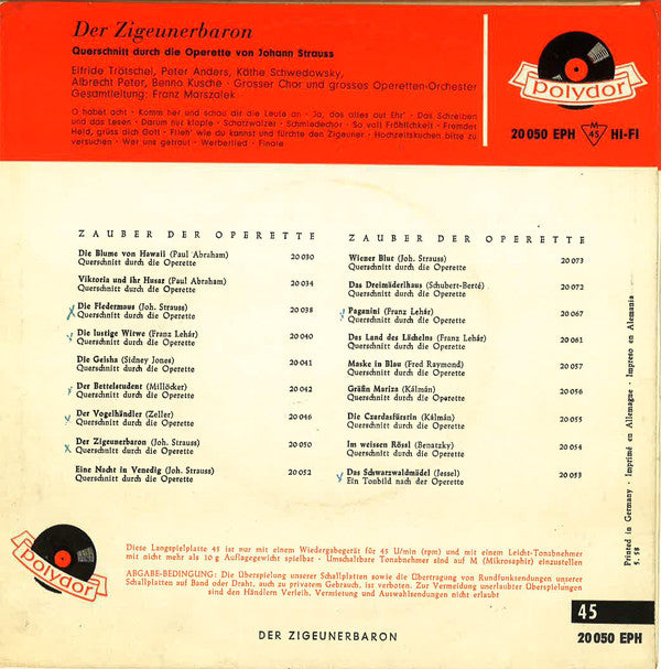 Johann Strauss - Der Zigeunerbaron 22784 Vinyl Singles EP Vinyl Goed / Hoes Goed