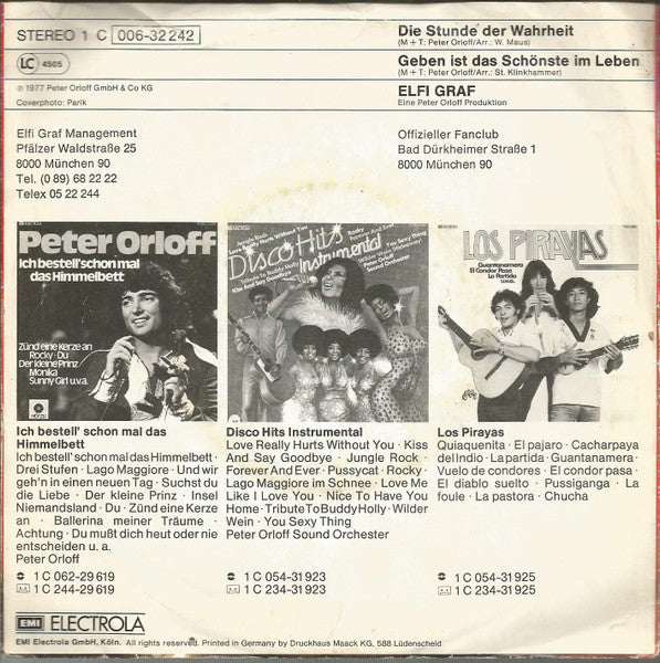 Elfi Graf - Die Stunde Der Wahrheit Vinyl Singles Vinyl Zeer Goed / Hoesje Goed "VINYLSINGLES.NL"