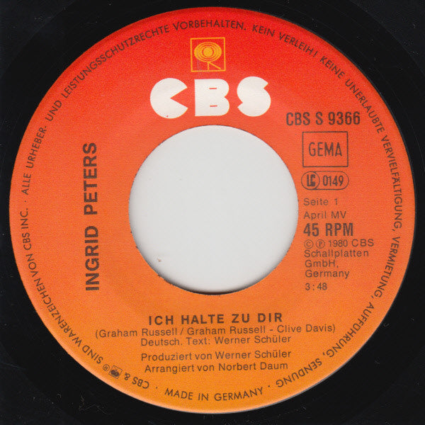 Ingrid Peters - Ich Halte Zu Dir 17353 11997 Vinyl Singles Vinyl Goed / Hoes Goed