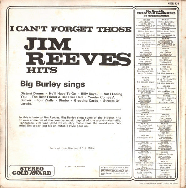 Big Burley - I Can't Forget Those Jim Reeves Hits (LP) 43447 Vinyl LP Vinyl Goed / Hoes Goed