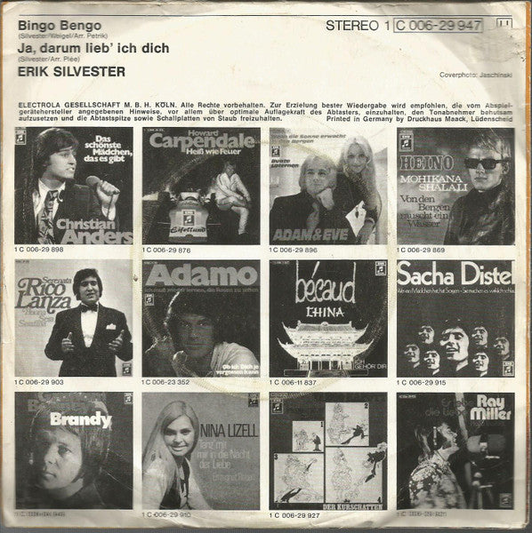 Erik Silvester - Bingo Bengo 17006 Vinyl Singles Vinyl Goed / Hoes Goed