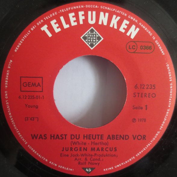 Jurgen Marcus - Was Hast Du Heute Abend Vor 16786 Vinyl Singles Vinyl Goed / Hoes Goed