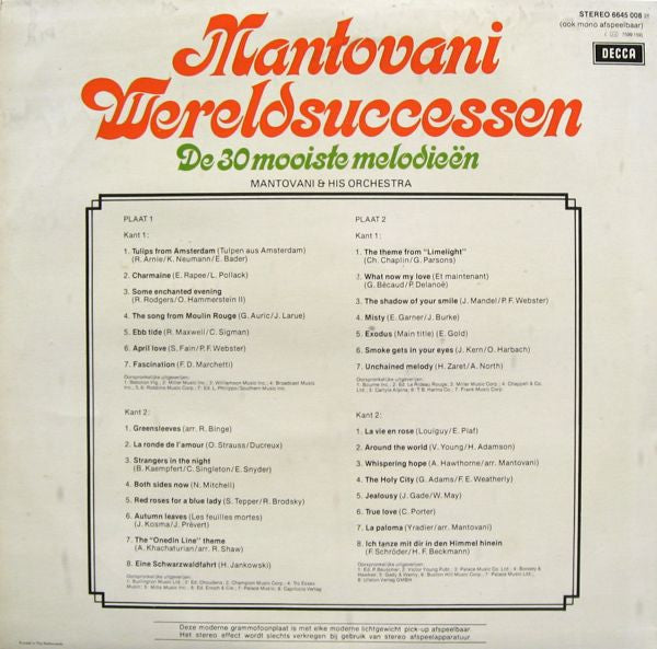 Mantovani - Wereldsuccessen - De 30 Mooiste Melodieën (LP) 44265 Vinyl LP Dubbel Vinyl Goed / Hoes Goed