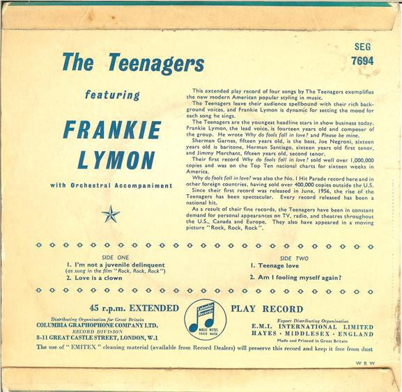Frankie Lymon & The Teenagers - The Teenagers Featuring Frankie Lymon Vinyl Singles EP Vinyl Zeer Goed / Hoesje Goed "VINYLSINGLES.NL"