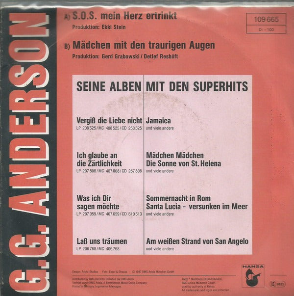 G.G. Anderson - S.O.S. Mein Herz Ertrinkt Vinyl Singles Vinyl Goed / Hoesje Redelijk "VINYLSINGLES.NL"