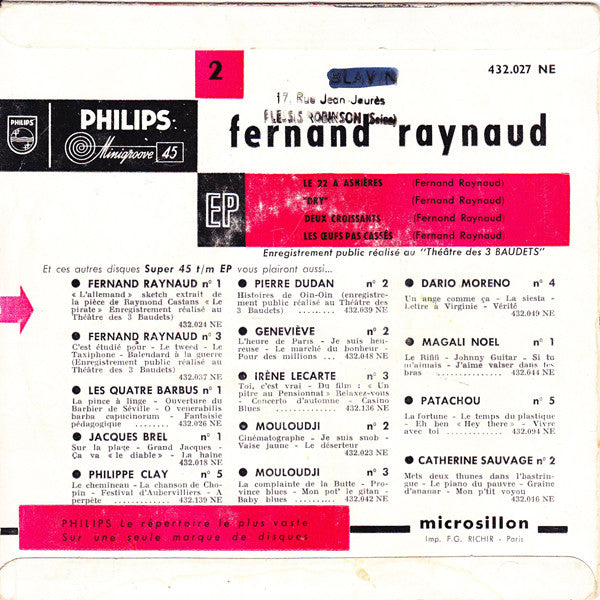Fernand Raynaud - * - Le ** A Asnières Vinyl Singles EP Vinyl Zeer Goed / Hoesje Goed "VINYLSINGLES.NL"