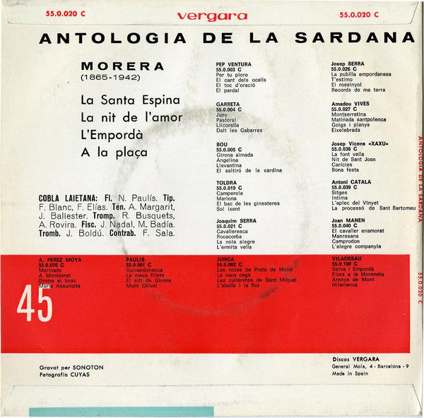 Cobla Laietana / Morera - Antología De La Sardana - Morera Vinyl Singles EP Vinyl Zeer Goed / Hoesje Goed "VINYLSINGLES.NL"