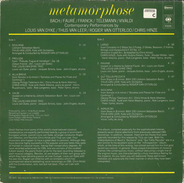 Louis van Dijk, Thijs van Leer, Rogier van Otterloo, Chris Hinze - Metamorphose (LP) 42164 Vinyl LP Vinyl Goed / Hoes Goed