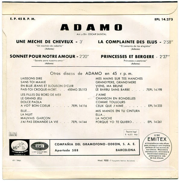 Adamo - Une Meche De Cheveux 35404 Vinyl Singles EP Vinyl Goed / Hoes Goed