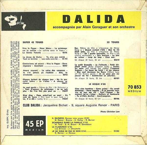 Dalida - Il Silenzio - Bonsoir Mon Amour Vinyl Singles EP Vinyl Zeer Goed / Hoesje Goed "VINYLSINGLES.NL"
