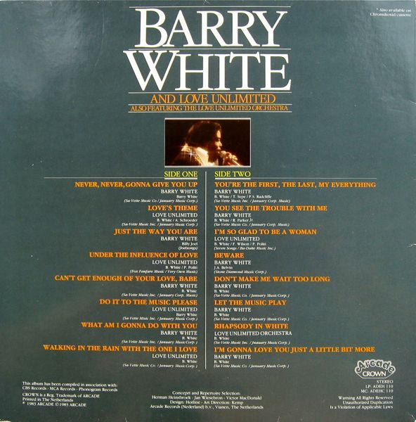 Barry White And Love Unlimited Also Featuring Love Unlimited Orchestra - Love Songs (LP) Vinyl LP Vinyl Zeer Goed / Hoesje Goed "VINYLSINGLES.NL"