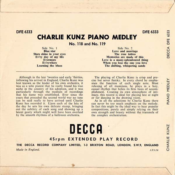 Charlie Kunz - Charlie Kunz Piano Medley No.***-*** Vinyl Singles EP Vinyl Zeer Goed / Hoesje Goed "VINYLSINGLES.NL"