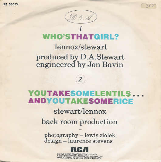 Eurythmics - Who's That Girl Vinyl Singles Vinyl Zeer Goed / Hoesje Goed "VINYLSINGLES.NL"