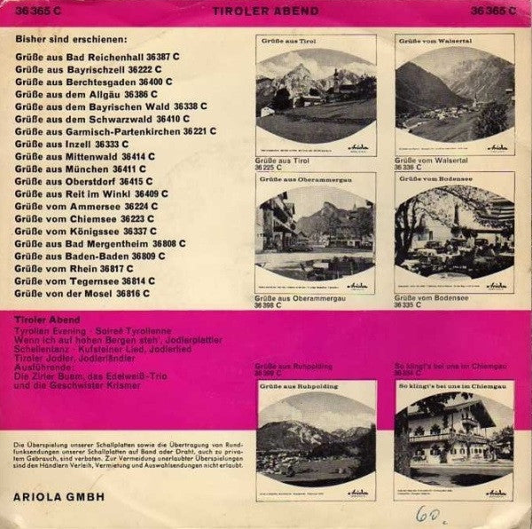 Zirler Buam / Das Edelweiß-Trio / Die Geschwister Krismer - Tiroler Abend 16691 Vinyl Singles EP Vinyl Goed / Hoes Goed