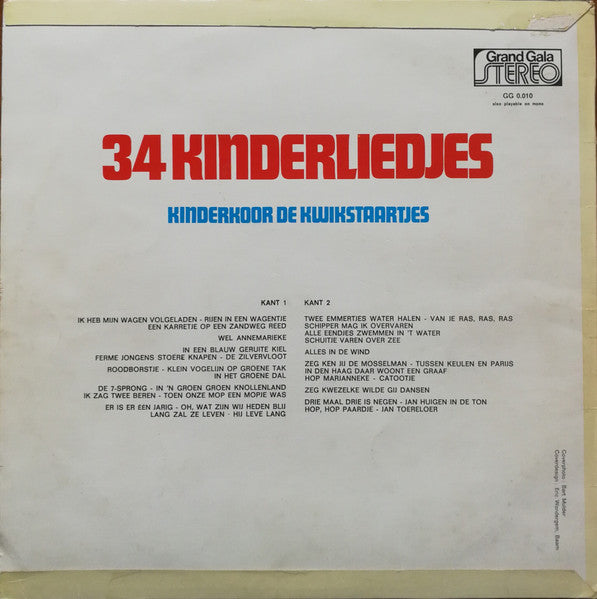 Kinderkoor De Kwikstaartjes - 34 Kinderliedjes Kinderkoor De Kwikstaartjes (LP) 50324 Vinyl LP Vinyl Goed / Hoes Goed