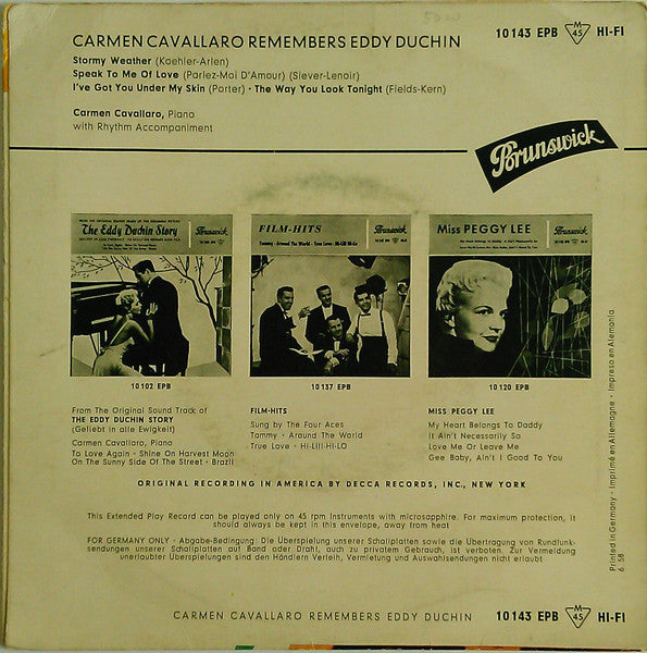 Carmen Cavallaro - Remembers Eddy Duchin 17694 Vinyl Singles EP Vinyl Goed / Hoes Goed