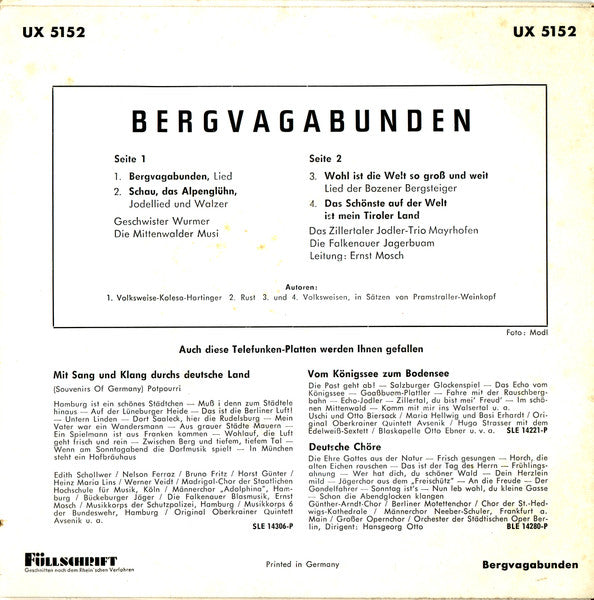 Geschwister Wurmer / Die Mittenwalder Musi - Bergvagabunden Vinyl Singles EP Vinyl Zeer Goed / Hoesje Goed "VINYLSINGLES.NL"