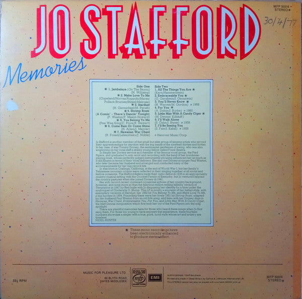 Jo Stafford - Memories (LP) 44367 Vinyl LP Vinyl Goed / Hoes Goed