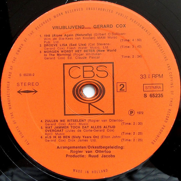 Gerard Cox - Vrijblijvend..., Gerard Cox (LP) Vinyl LP Vinyl Zeer Goed / Hoesje Goed "VINYLSINGLES.NL"