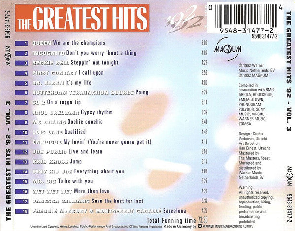 Various - The Greatest Hits '92 - Vol. 3 (CD) 70812 Compact Disc Goede Staat