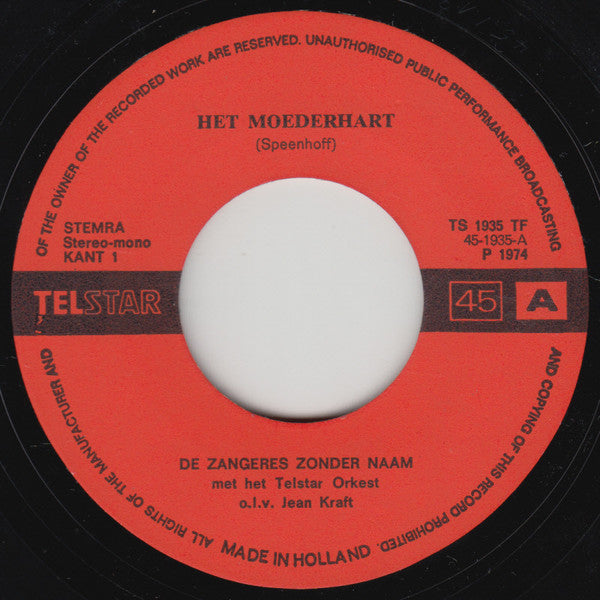 Zangeres Zonder Naam - Het Moederhart Vinyl Singles Vinyl Goed / Hoes Goed