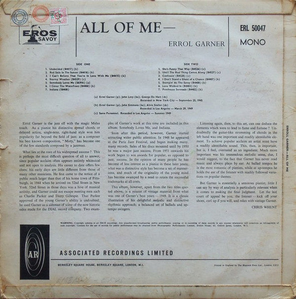 Erroll Garner - All Of Me (LP) Vinyl LP Vinyl Zeer Goed / Hoesje Goed "VINYLSINGLES.NL"