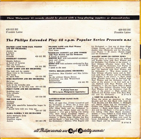 Frankie Laine With Paul Weston And His Orchestra - Frankie Laine Vinyl Singles EP Vinyl Zeer Goed / Hoesje Goed "VINYLSINGLES.NL"