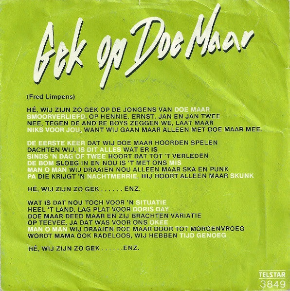 Fans - Gek Op Doe Maar 18780 Vinyl Singles Vinyl Goed / Hoes Goed