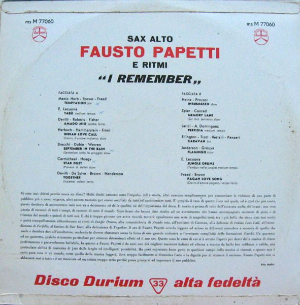 Fausto Papetti - I Remember (LP) Vinyl LP Vinyl Zeer Goed / Hoesje Goed "VINYLSINGLES.NL"