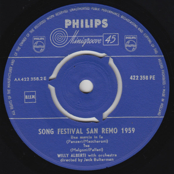 Willy Alberti - Song Festival San Remo 1959 33242 Vinyl Singles EP Vinyl Goed / Hoes Goed