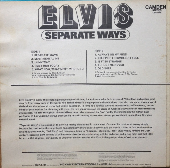 Elvis - Separate Ways (LP) Vinyl LP Vinyl Zeer Goed / Hoesje Goed "VINYLSINGLES.NL"