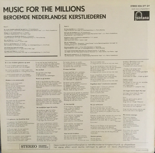 Various - Music For The Millions: Beroemde Nederlandse Kerstliederen (LP) 50855 Vinyl LP Vinyl Goed / Hoes Goed