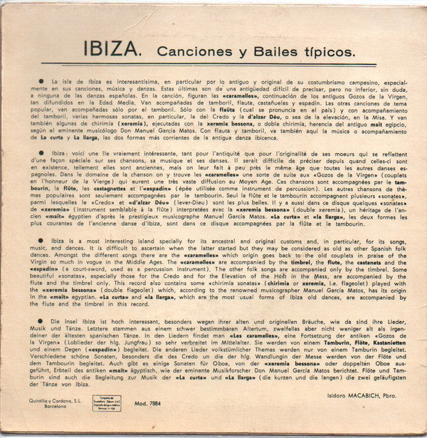 Grupo Folklorico De Ibiza - Ibiza Canciones Y Bailes Tipicos 19911 Vinyl Singles EP Vinyl Goed / Hoes Goed