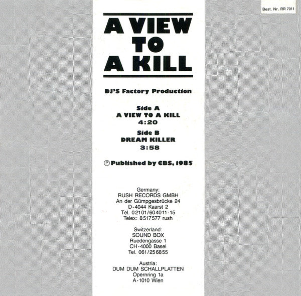 D.J.'s Factory - A View To A Kill Vinyl Singles Vinyl Zeer Goed / Hoesje Goed "VINYLSINGLES.NL"