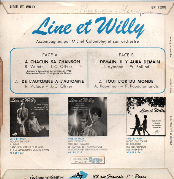 Line Et Willy - A Chacun Sa Chanson 17848 Vinyl Singles EP Vinyl Goed / Hoes Goed