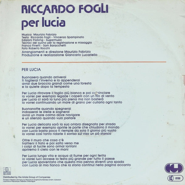 Riccardo Fogli - Per Lucia 19082 Vinyl Singles Vinyl Goed / Hoes Goed
