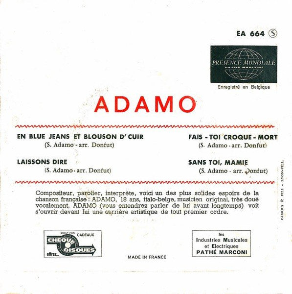 Adamo - En Blue Jeans Et Blouson D'cuir Vinyl Singles EP Vinyl Zeer Goed / Hoesje Goed "VINYLSINGLES.NL"