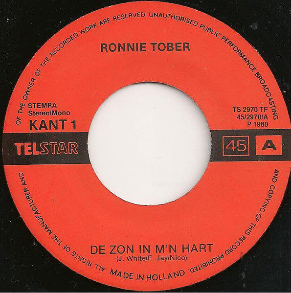 Ronnie Tober - De Zon In M'n Hart 00035 Vinyl Singles Vinyl Goed / Hoes Sticker