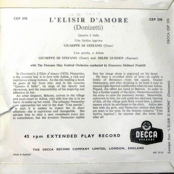 Giuseppe di Stefano And Hilde Guden - L'Elisir D'Amore Vinyl Singles EP Vinyl Zeer Goed / Hoesje Goed "VINYLSINGLES.NL"