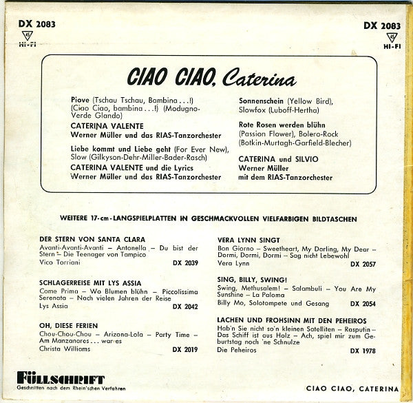 Caterina Valente - Ciao Ciao, Caterina Vinyl Singles EP Vinyl Zeer Goed / Hoesje Goed "VINYLSINGLES.NL"