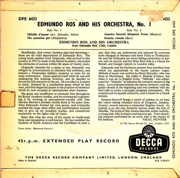 Edmundo Ros & His Orchestra - Edmundo Ros And His Orchestra - No.1 Vinyl Singles EP Vinyl Zeer Goed / Hoesje Goed "VINYLSINGLES.NL"