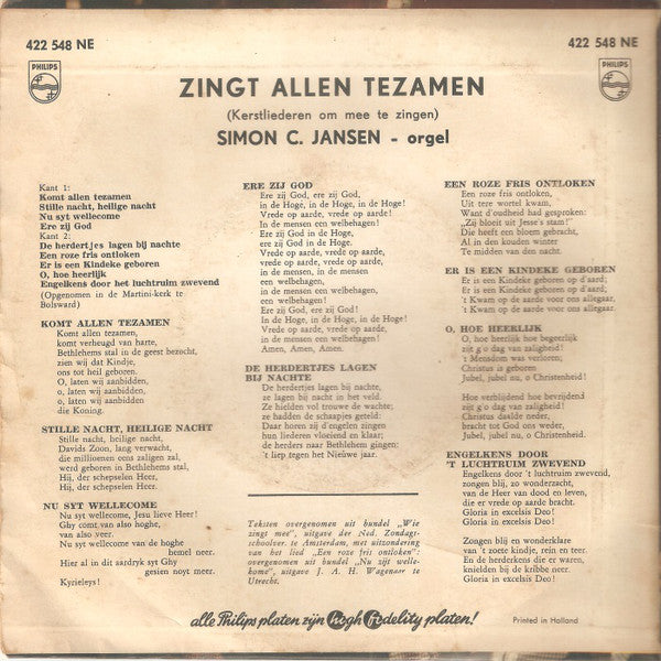 Simon C. Jansen - Zingt Allen Tezamen (Kerstliederen Om Mee Te Zingen) 24662 Vinyl Singles EP Vinyl Goed / Hoes Goed
